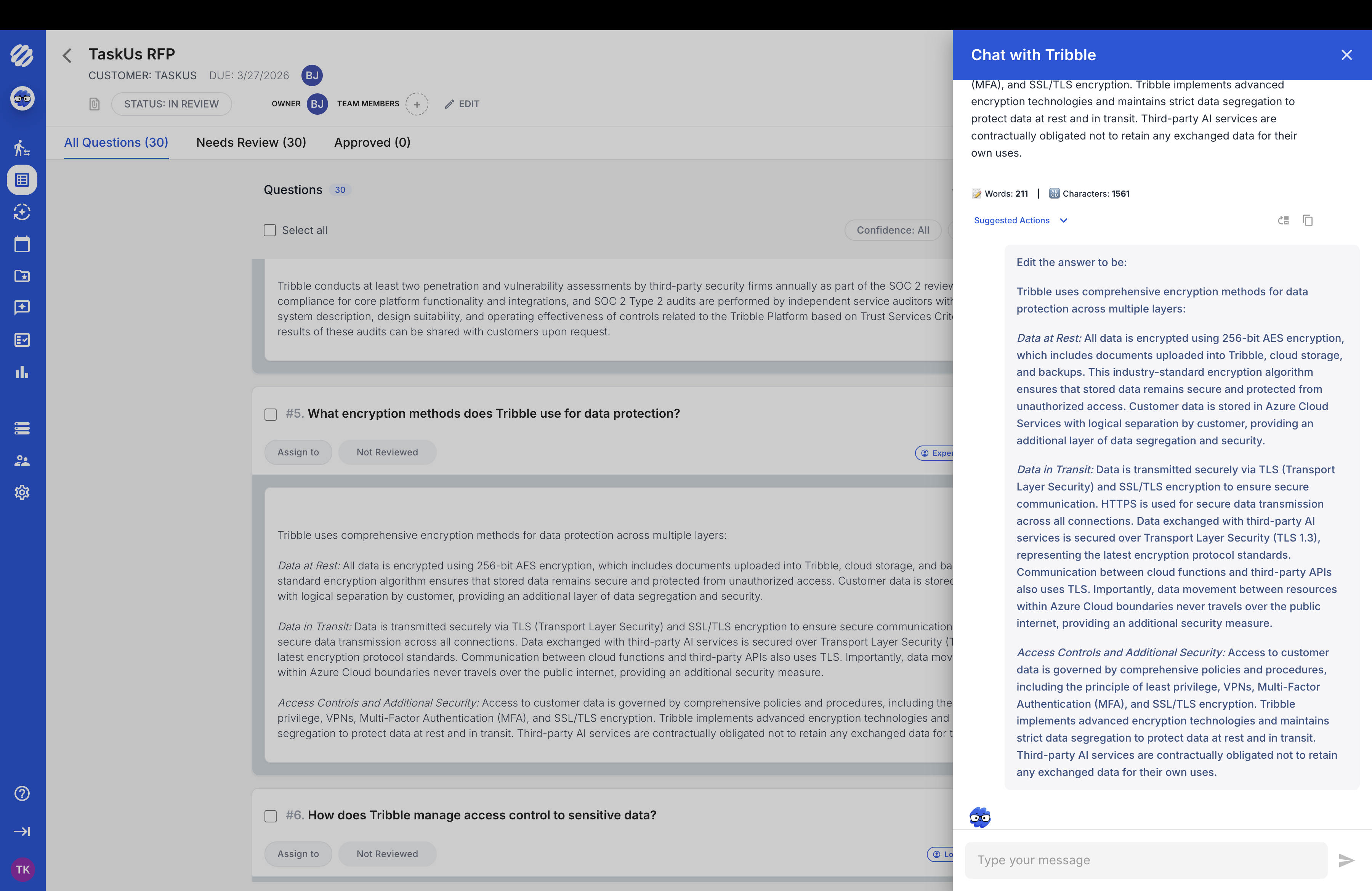 Tribble chat drawer answering a follow-up question from governed knowledge